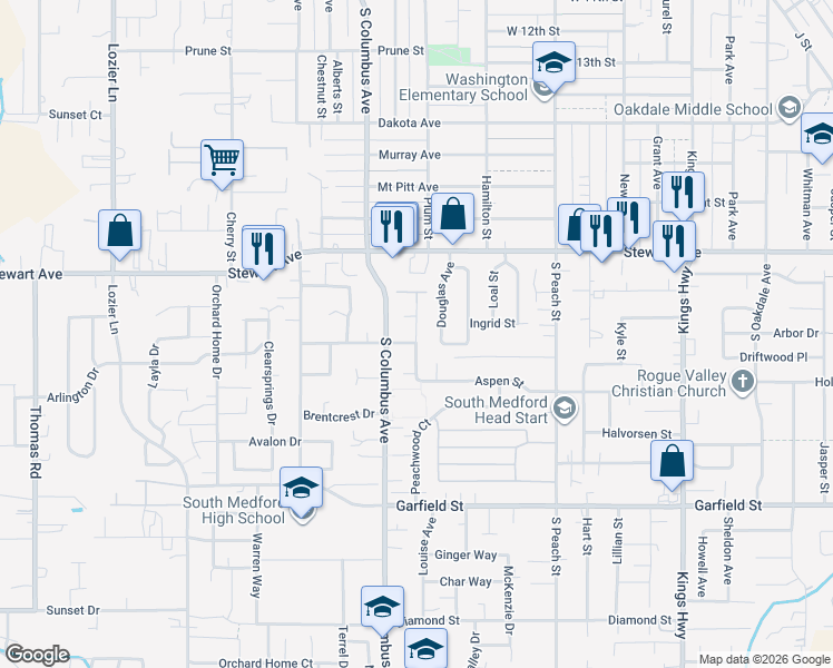 map of restaurants, bars, coffee shops, grocery stores, and more near 1379 Clearwater Drive in Medford