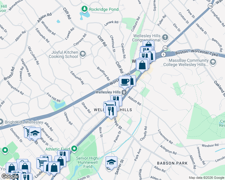 map of restaurants, bars, coffee shops, grocery stores, and more near 40 Kimlo Road in Wellesley