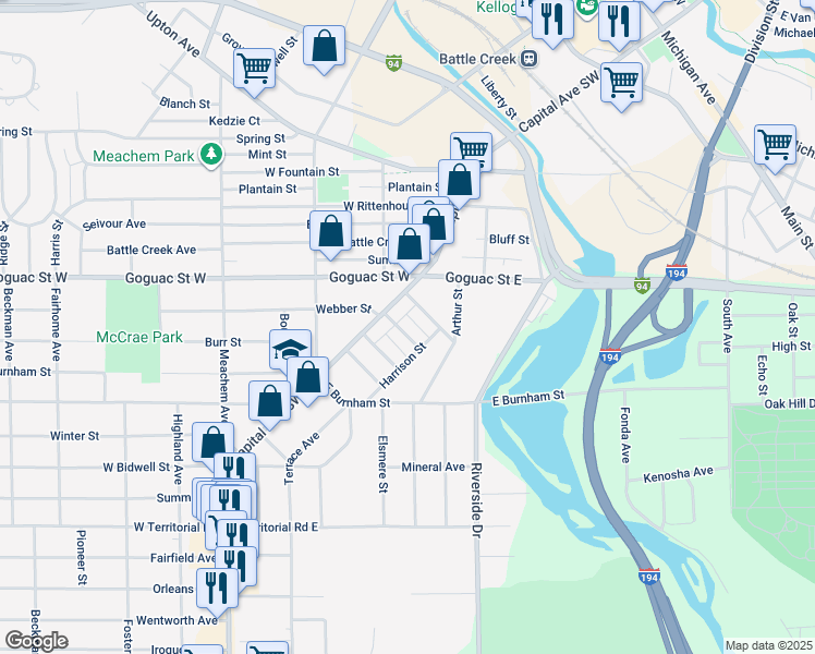 map of restaurants, bars, coffee shops, grocery stores, and more near 23 Whittier Avenue in Battle Creek