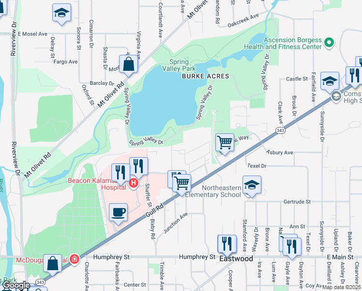 map of restaurants, bars, coffee shops, grocery stores, and more near 1923 Lakeview Avenue in Kalamazoo