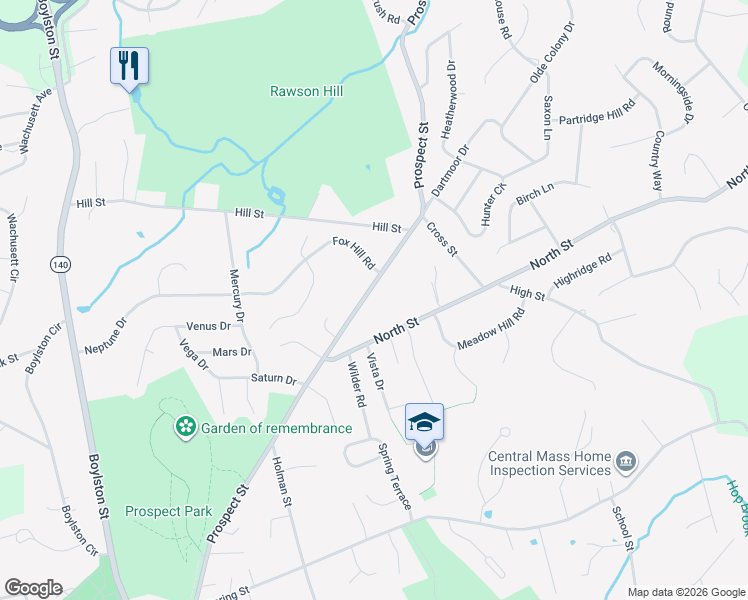 map of restaurants, bars, coffee shops, grocery stores, and more near 210 Prospect Street in Shrewsbury