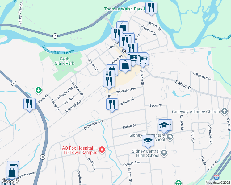 map of restaurants, bars, coffee shops, grocery stores, and more near 30 Sherman Avenue in Sidney