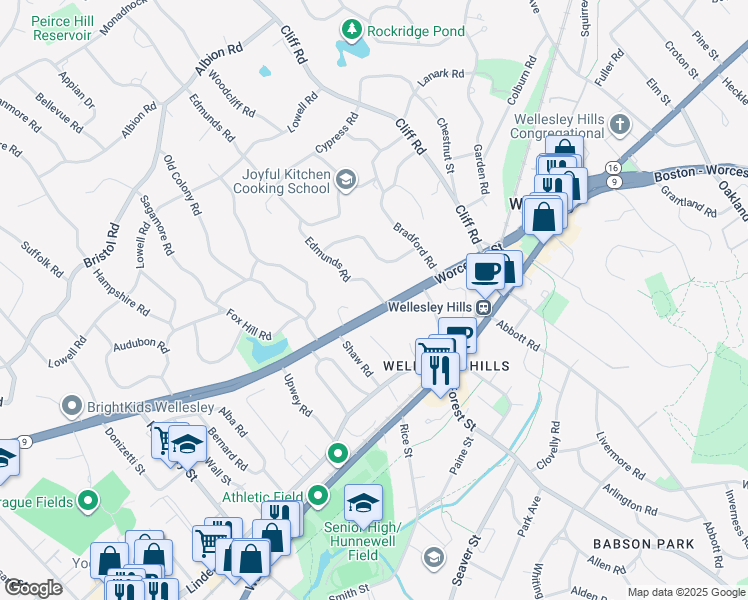 map of restaurants, bars, coffee shops, grocery stores, and more near 4 Edmunds Road in Wellesley