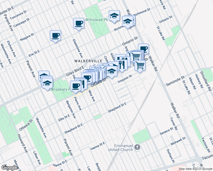 map of restaurants, bars, coffee shops, grocery stores, and more near 1334 Lincoln Road in Windsor