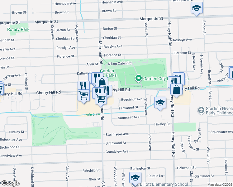 map of restaurants, bars, coffee shops, grocery stores, and more near 31217 Cherry Hill Road in Westland
