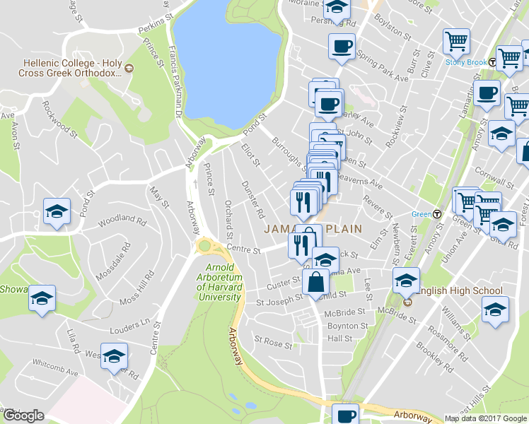 map of restaurants, bars, coffee shops, grocery stores, and more near 47 Dunster Road in Boston