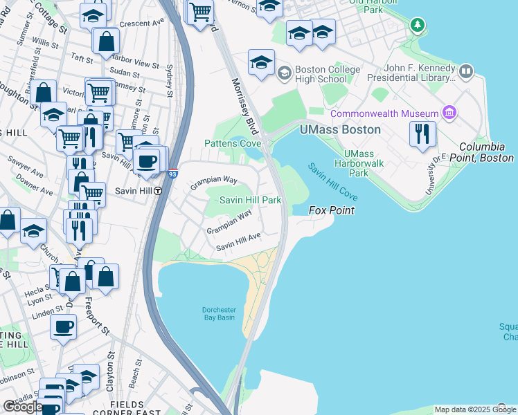 map of restaurants, bars, coffee shops, grocery stores, and more near Savin Hill Ave & Savin Hill Ln in Boston