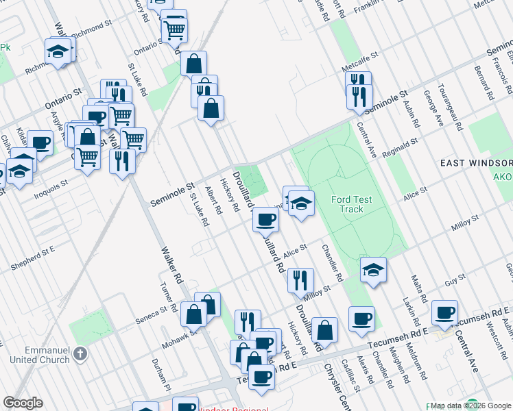 map of restaurants, bars, coffee shops, grocery stores, and more near 1574 Hickory Road in Windsor