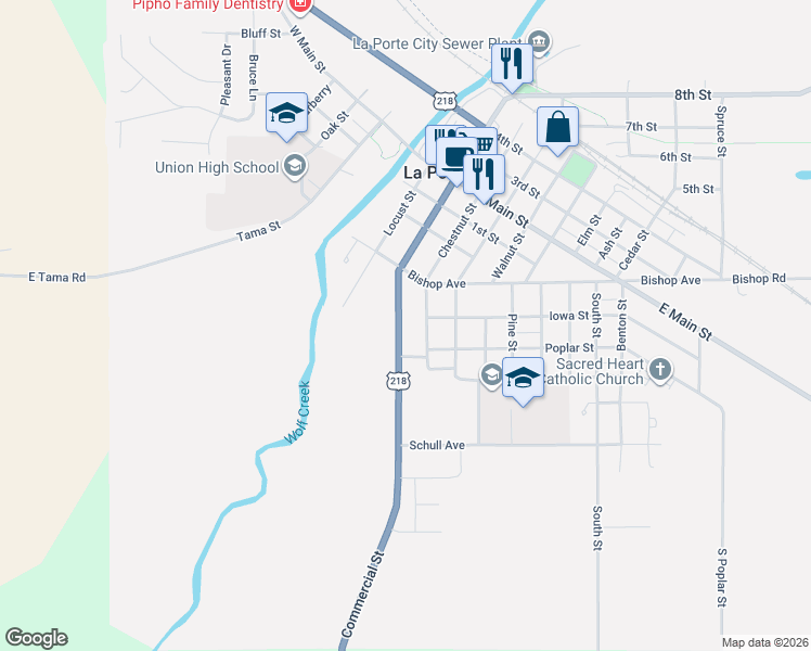 map of restaurants, bars, coffee shops, grocery stores, and more near 719-721 Commercial Street in La Porte City