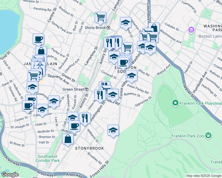 map of restaurants, bars, coffee shops, grocery stores, and more near 3305 Washington Street in Boston