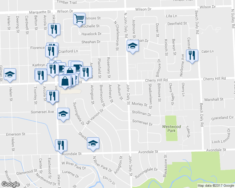 map of restaurants, bars, coffee shops, grocery stores, and more near 184 Auburn Street in Inkster
