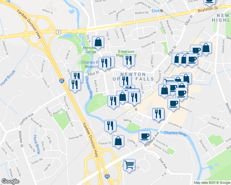 map of restaurants, bars, coffee shops, grocery stores, and more near 50 Pennsylvania Avenue in Newton