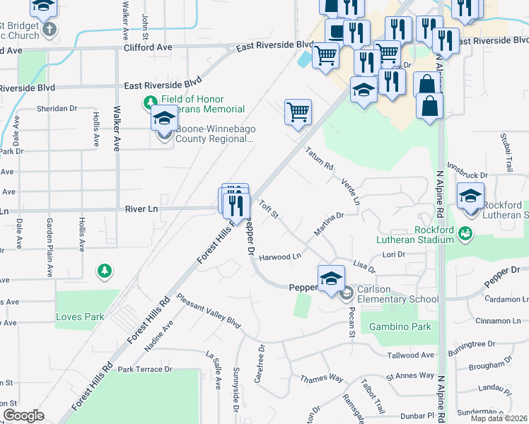 map of restaurants, bars, coffee shops, grocery stores, and more near 3619 Toft Street in Rockford