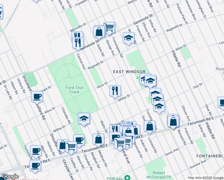 map of restaurants, bars, coffee shops, grocery stores, and more near 1740 Westcott Road in Windsor