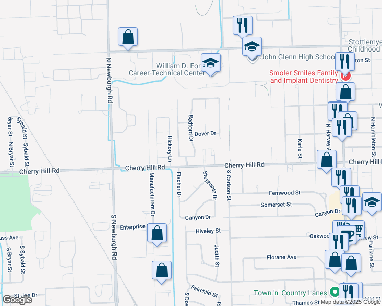 map of restaurants, bars, coffee shops, grocery stores, and more near 36852 Ravenwood Drive in Westland