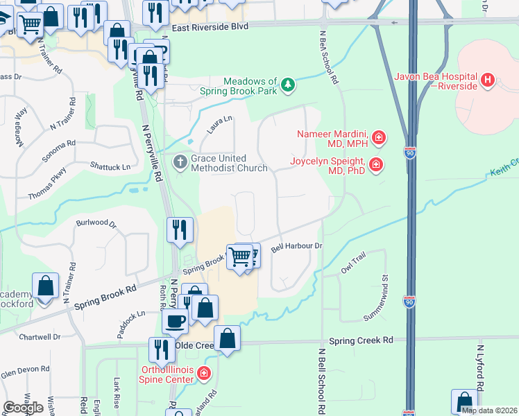 map of restaurants, bars, coffee shops, grocery stores, and more near 3423 E Summerfield Dr in Rockford