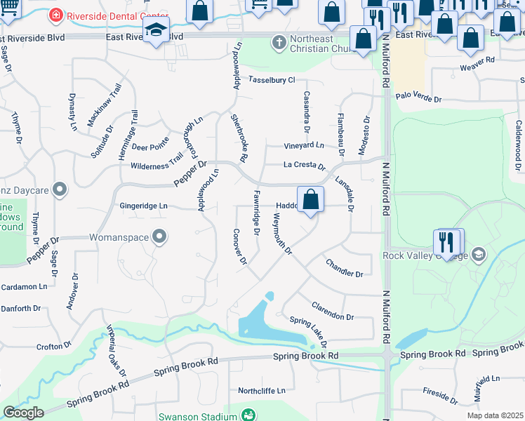 map of restaurants, bars, coffee shops, grocery stores, and more near 3465 Fawnridge Drive in Rockford