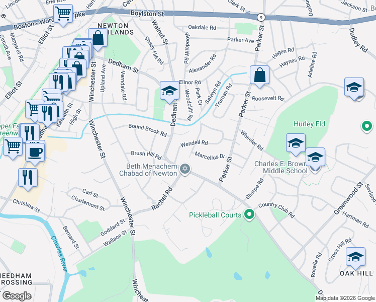 map of restaurants, bars, coffee shops, grocery stores, and more near 36 Boulder Road in Newton