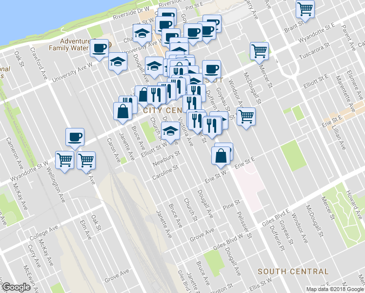 map of restaurants, bars, coffee shops, grocery stores, and more near 820 Dougall Avenue in Windsor