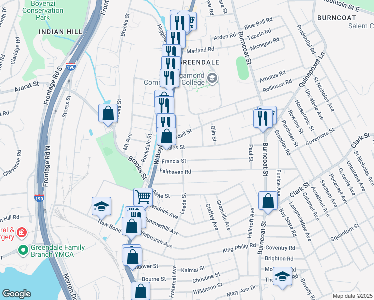map of restaurants, bars, coffee shops, grocery stores, and more near 18 Fales Street in Worcester