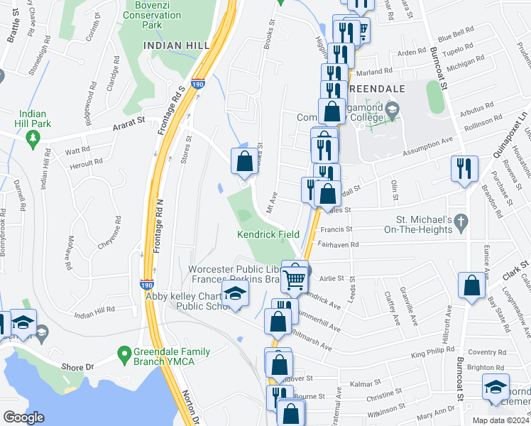 map of restaurants, bars, coffee shops, grocery stores, and more near 1 Mount Avenue in Worcester