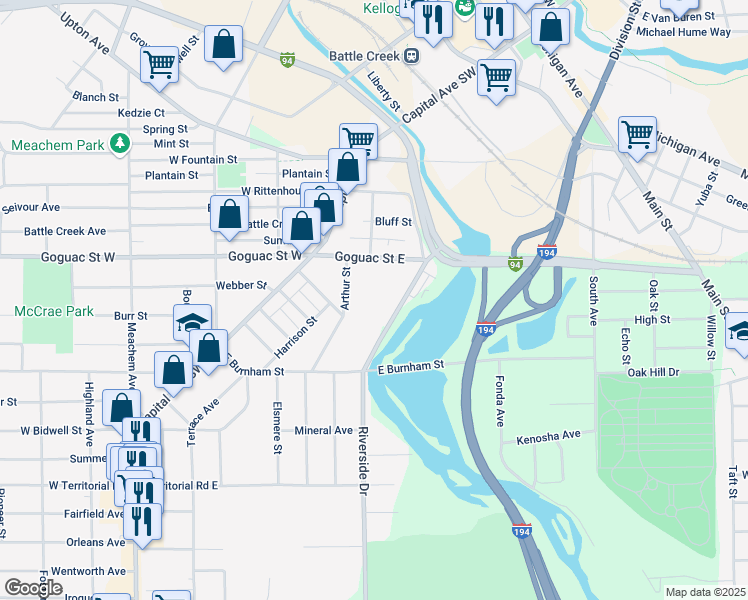 map of restaurants, bars, coffee shops, grocery stores, and more near 70 Goguac Street East in Battle Creek