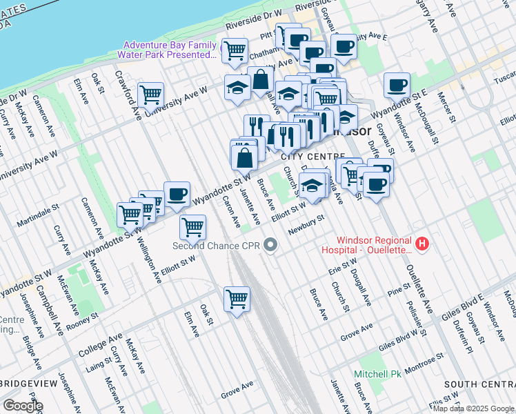 map of restaurants, bars, coffee shops, grocery stores, and more near 730 Janette Avenue in Windsor