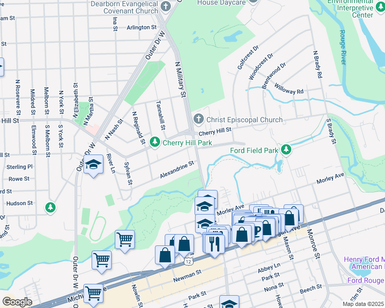 map of restaurants, bars, coffee shops, grocery stores, and more near 331 South Military Street in Dearborn
