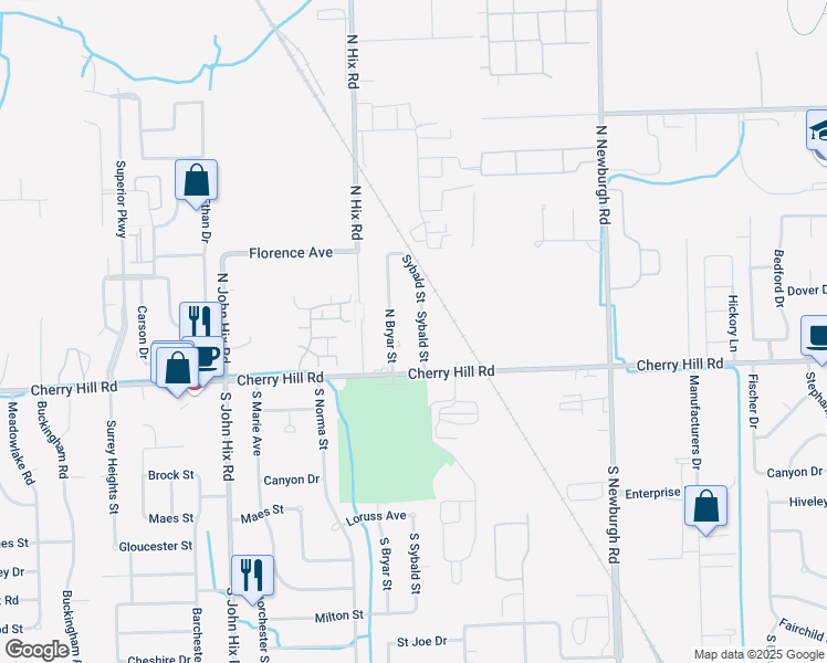 map of restaurants, bars, coffee shops, grocery stores, and more near 176 North Sybald Street in Westland