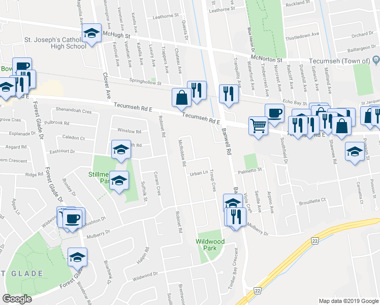 map of restaurants, bars, coffee shops, grocery stores, and more near 2915 McRobbie Crescent in Windsor