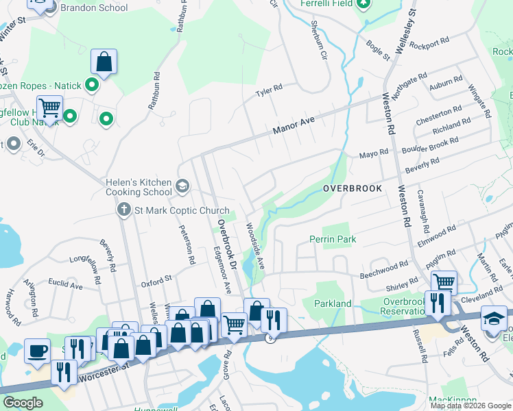 map of restaurants, bars, coffee shops, grocery stores, and more near 3 Colby Road in Wellesley