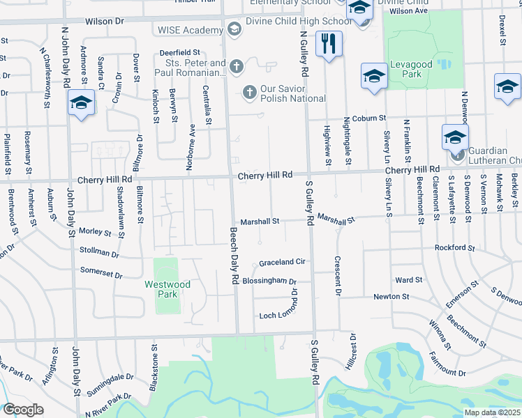 map of restaurants, bars, coffee shops, grocery stores, and more near 242 S Evangeline St in Dearborn Heights