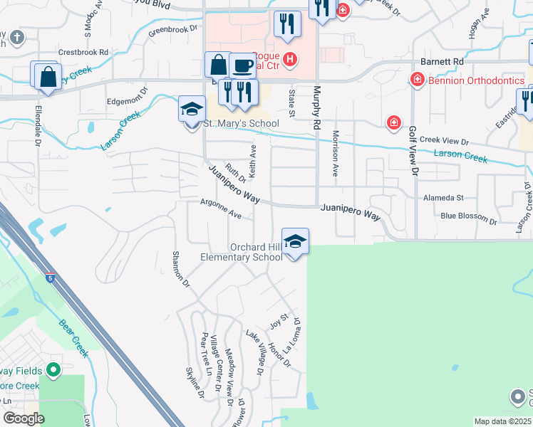 map of restaurants, bars, coffee shops, grocery stores, and more near 922 La Loma Drive in Medford