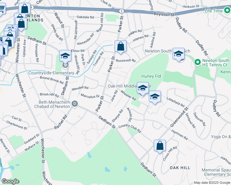 map of restaurants, bars, coffee shops, grocery stores, and more near 15 Jane Road in Newton