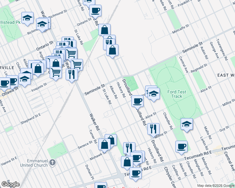 map of restaurants, bars, coffee shops, grocery stores, and more near 1552 Albert Road in Windsor