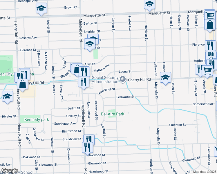 map of restaurants, bars, coffee shops, grocery stores, and more near 28950 Beechnut Street in Inkster