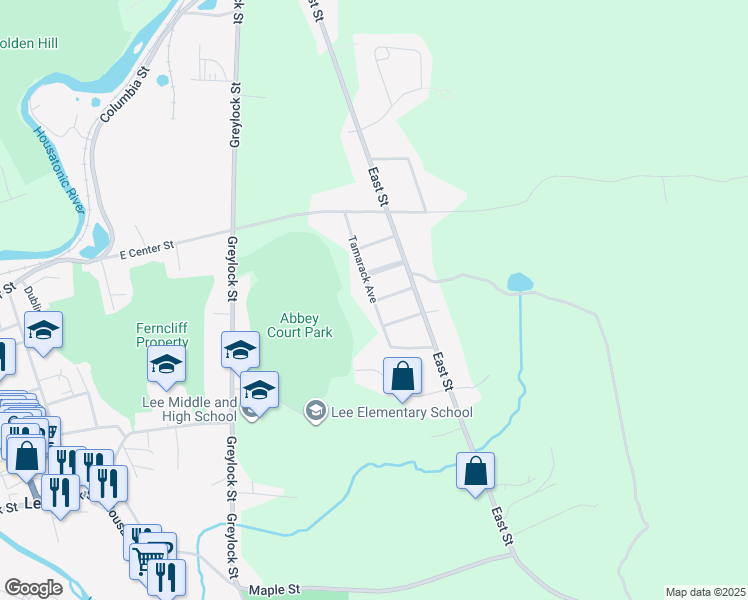 map of restaurants, bars, coffee shops, grocery stores, and more near 55 Tamarack Avenue in Lee
