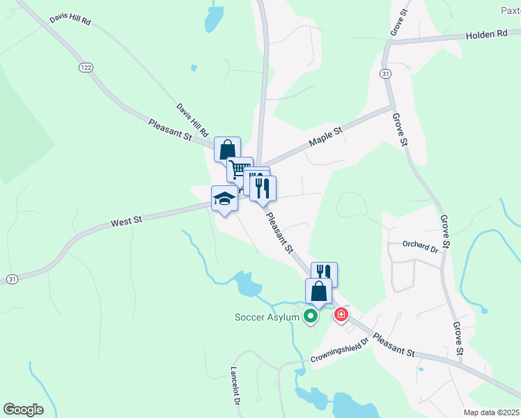 map of restaurants, bars, coffee shops, grocery stores, and more near 679 Pleasant Street in Paxton