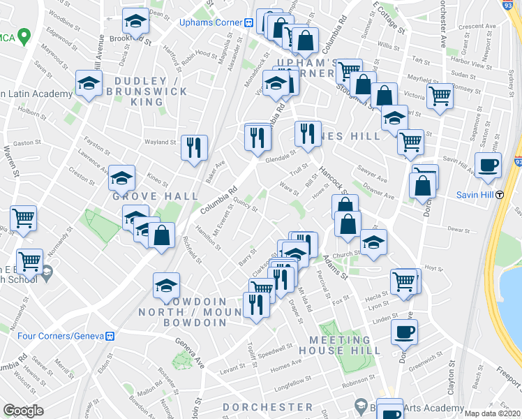 map of restaurants, bars, coffee shops, grocery stores, and more near 365 Quincy Street in Boston