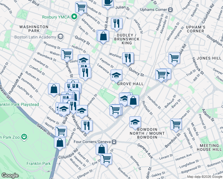 map of restaurants, bars, coffee shops, grocery stores, and more near 91 Intervale Street in Boston