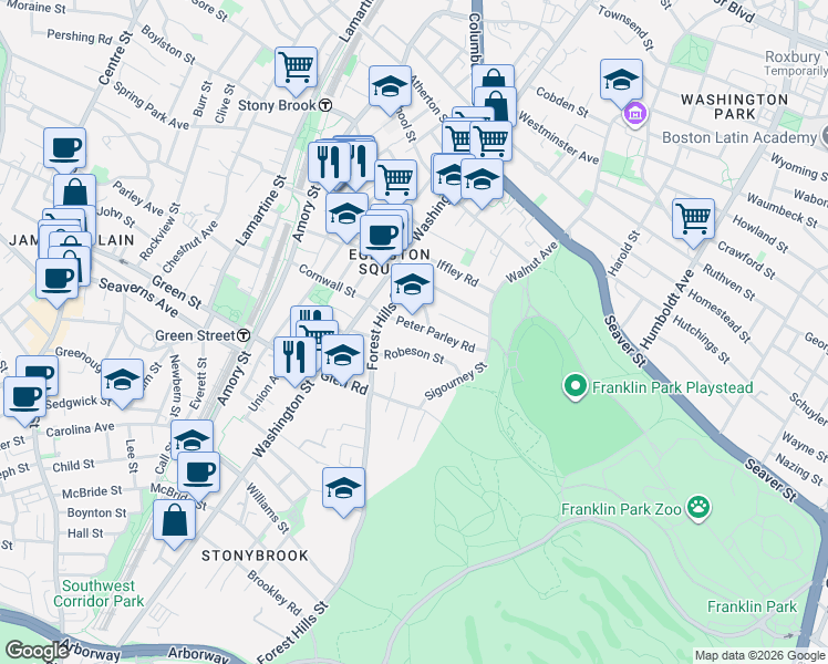 map of restaurants, bars, coffee shops, grocery stores, and more near 25 Peter Parley Road in Boston