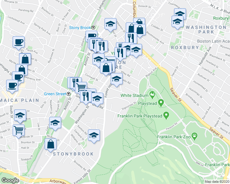 map of restaurants, bars, coffee shops, grocery stores, and more near 25 Peter Parley Road in Boston