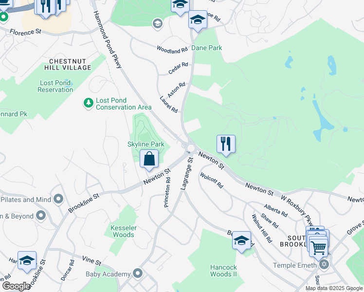 map of restaurants, bars, coffee shops, grocery stores, and more near 26 Hammond Pond Parkway in Brookline