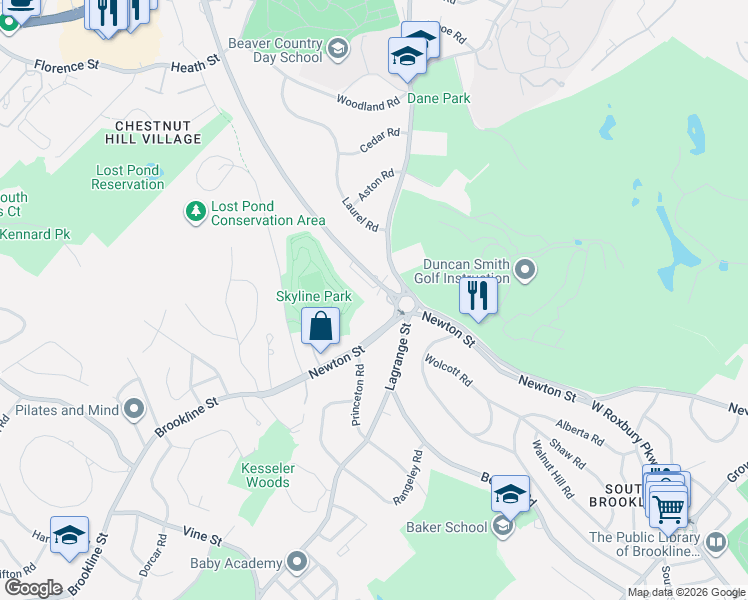 map of restaurants, bars, coffee shops, grocery stores, and more near 26 Hammond Pond Parkway in Brookline