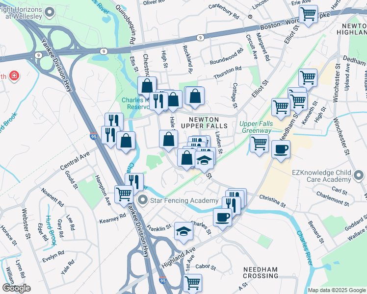 map of restaurants, bars, coffee shops, grocery stores, and more near 50 Pennsylvania Avenue in Newton