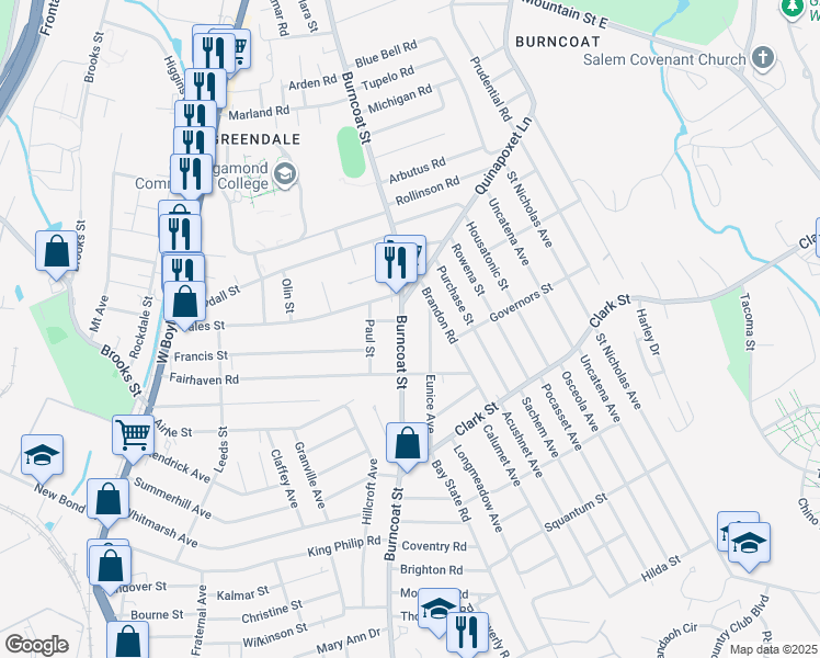 map of restaurants, bars, coffee shops, grocery stores, and more near 73 Eunice Avenue in Worcester