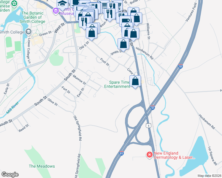 map of restaurants, bars, coffee shops, grocery stores, and more near 86 Lyman Road in Northampton