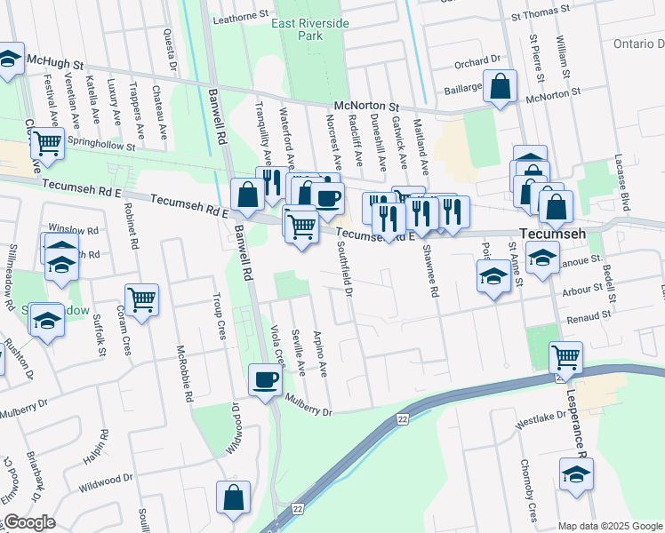 map of restaurants, bars, coffee shops, grocery stores, and more near 11846 Dove Lane in Windsor