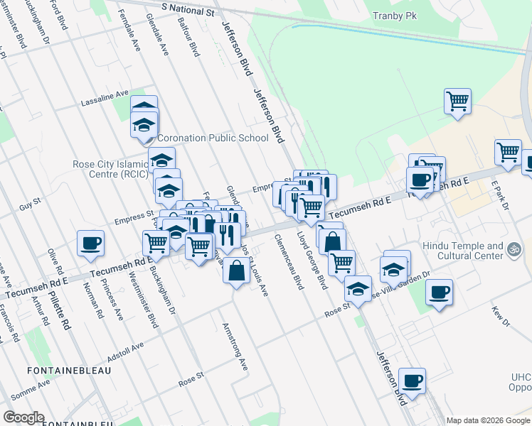 map of restaurants, bars, coffee shops, grocery stores, and more near 2075 Balfour Boulevard in Windsor