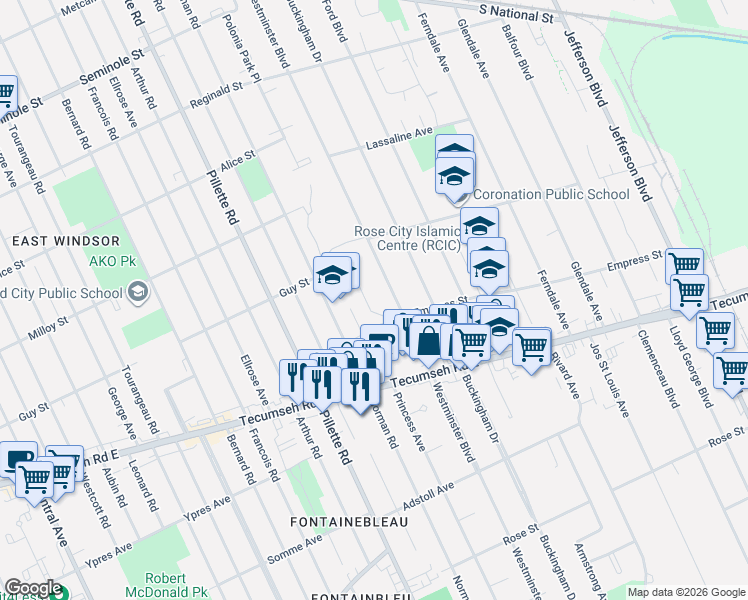 map of restaurants, bars, coffee shops, grocery stores, and more near 1974 Ethan Court in Windsor